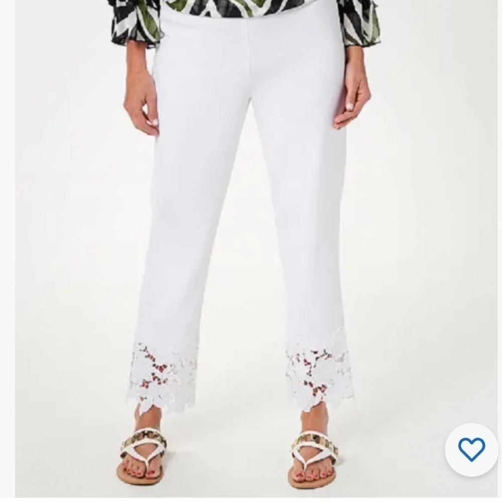 Dennis Basso Regular Luxe Crepe Slim-Leg Ankle Pants with Lace White Size XS